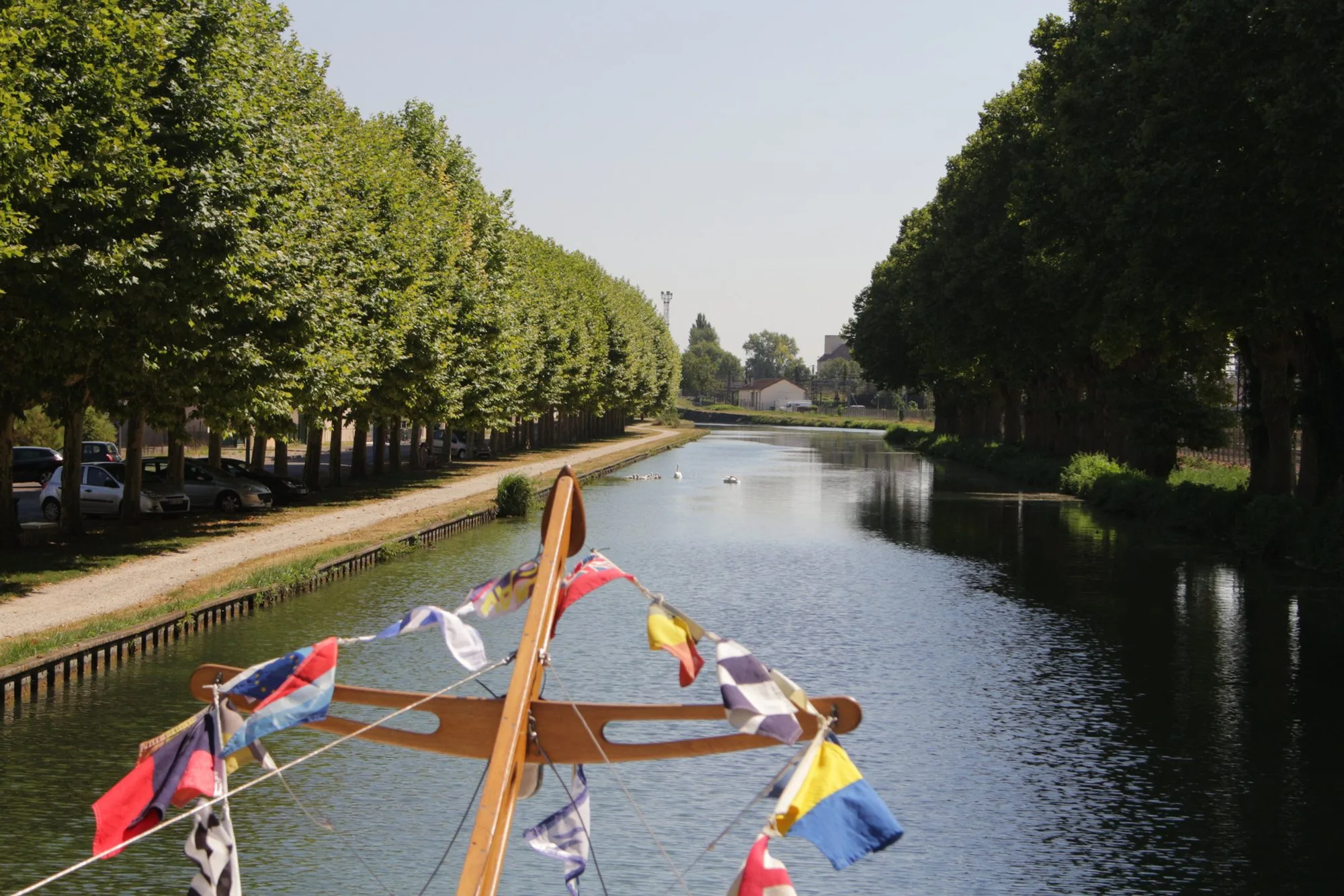 Proue pavoisée d’un bateau sur le canal de Bourgogne bordé de platanes